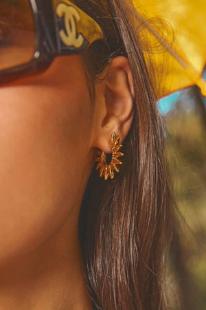 Desert Heat Hoop Gold by Emma Pills - gold hoop earrings with sunburst design, designed for a bold lightweight statement.