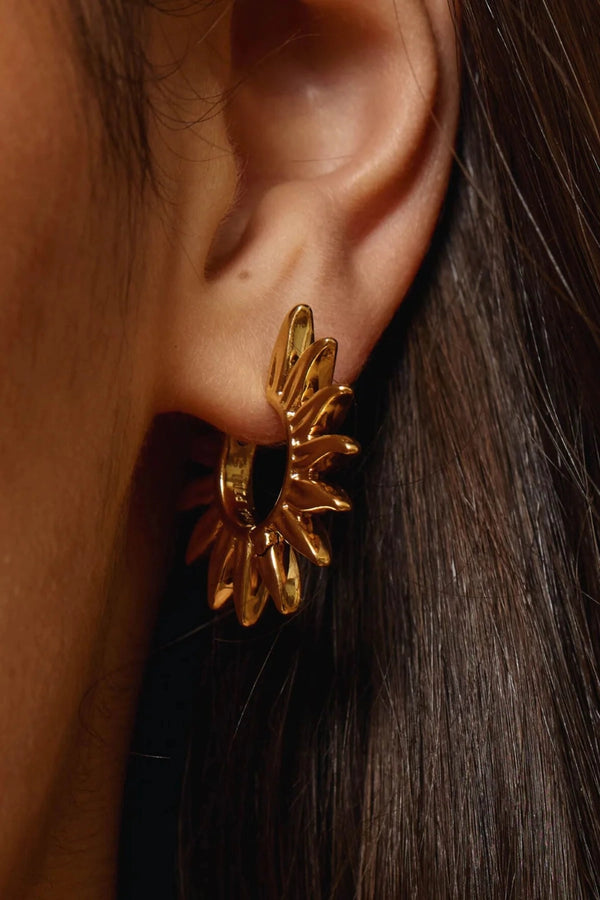 Desert Heat Hoop Gold by Emma Pills - gold hoop earrings with sunburst design, designed for a bold lightweight statement.
