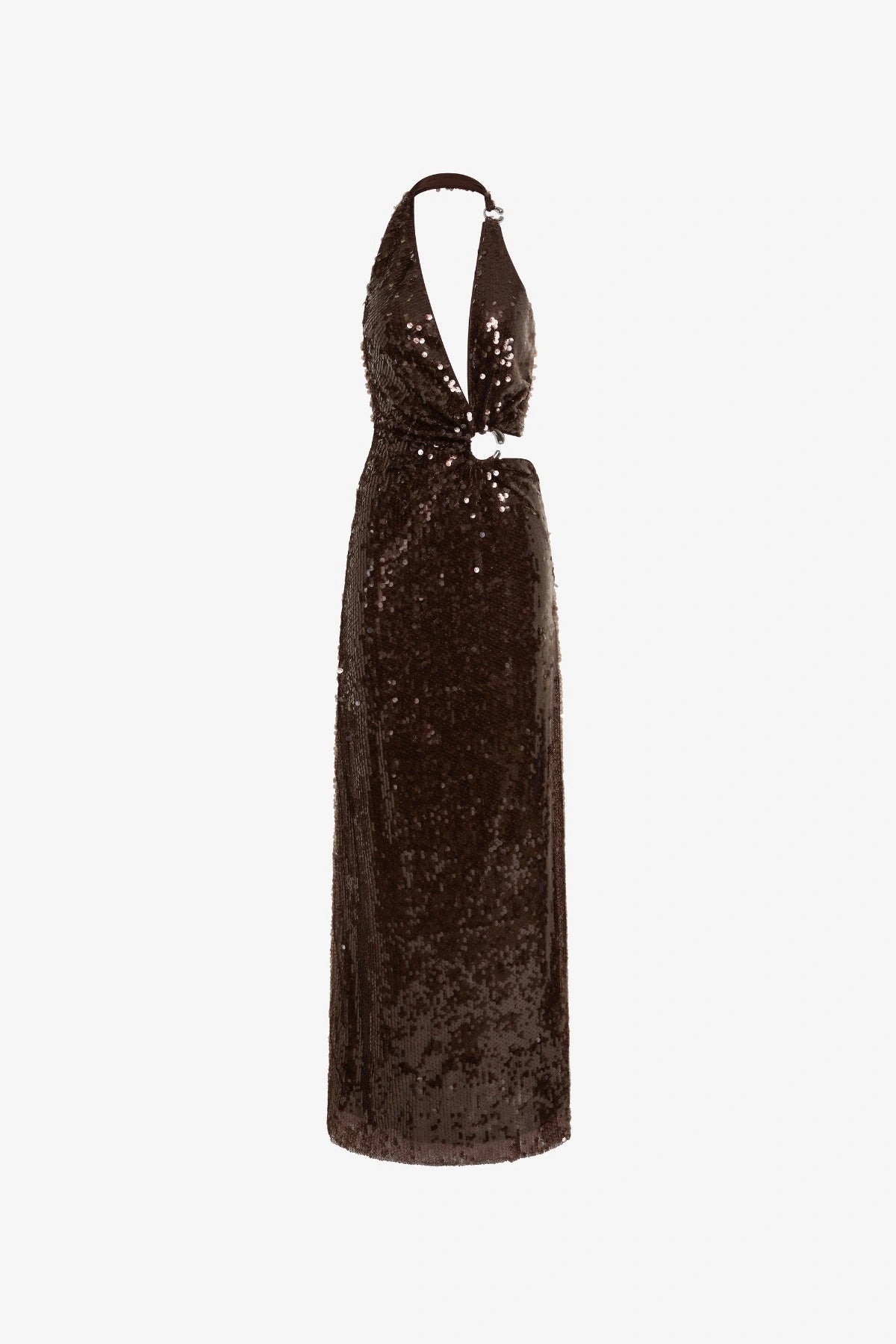 Devon Sequin Dress Chocolate by Misha, an asymmetric plunge sequin gown with metal ring details and an open back for dramatic evening wear.

