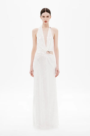 Devon Sequin Dress by Misha, a plunging asymmetric gown with cut-out waist and gold ring detail in fluid cupro for sleek evening elegance.