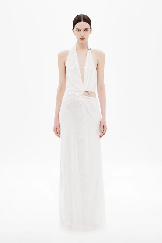 Devon Sequin Dress by Misha, a plunging asymmetric gown with cut-out waist and gold ring detail in fluid cupro for sleek evening elegance.