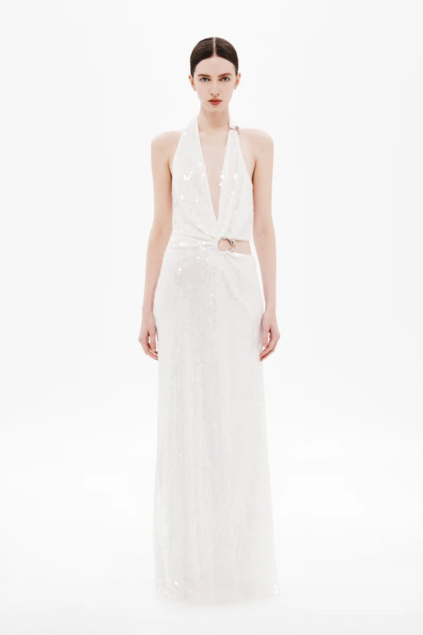 Devon Sequin Dress by Misha, a plunging asymmetric gown with cut-out waist and gold ring detail in fluid cupro for sleek evening elegance.