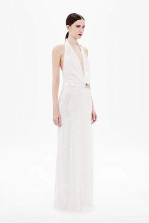 Devon Sequin Dress by Misha, a plunging asymmetric gown with cut-out waist and gold ring detail in fluid cupro for sleek evening elegance.