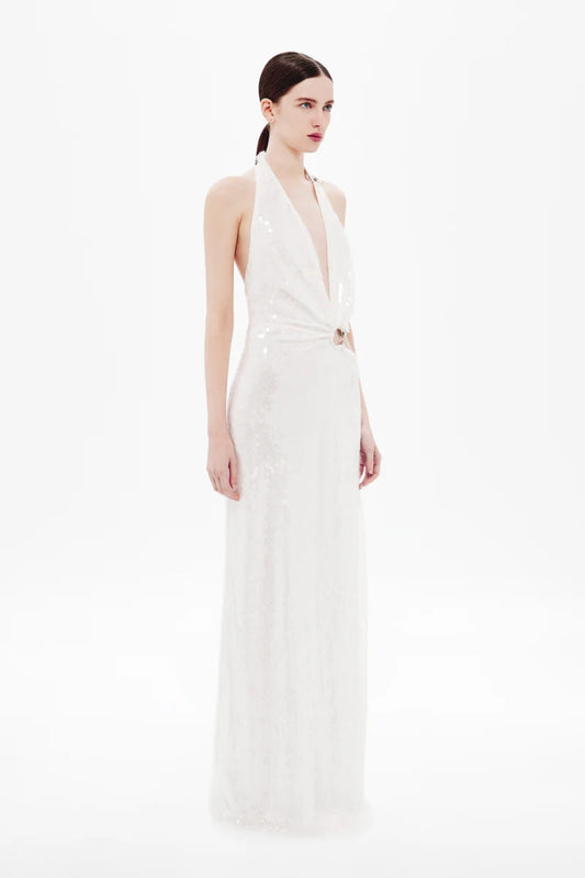 Devon Sequin Dress by Misha, a plunging asymmetric gown with cut-out waist and gold ring detail in fluid cupro for sleek evening elegance.