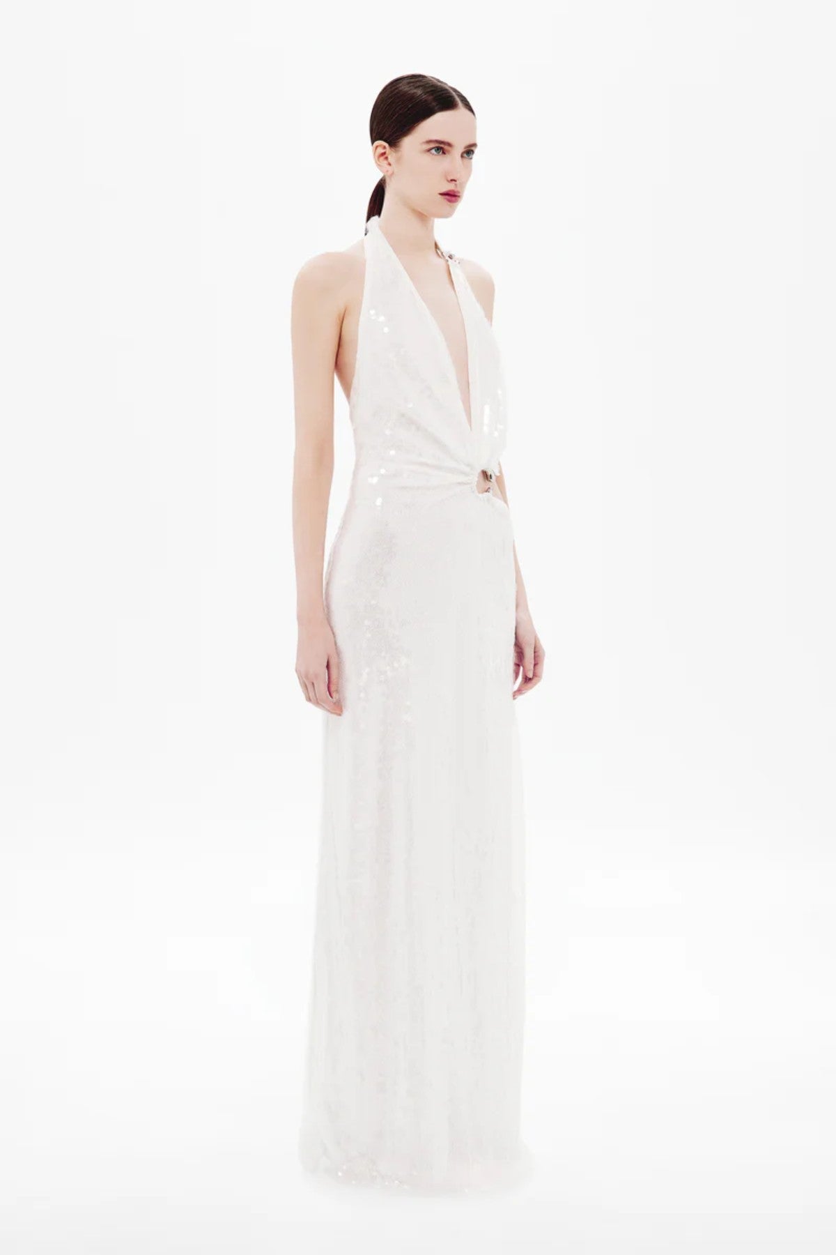 Devon Sequin Dress by Misha, a plunging asymmetric gown with cut-out waist and gold ring detail in fluid cupro for sleek evening elegance.