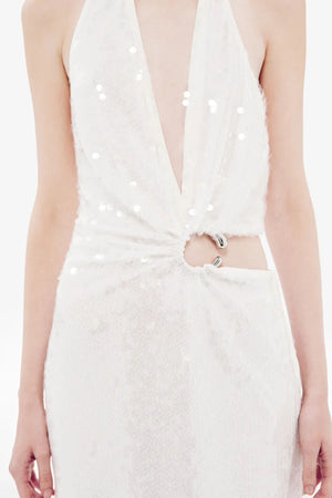 Devon Sequin Dress by Misha, a plunging asymmetric gown with cut-out waist and gold ring detail in fluid cupro for sleek evening elegance.