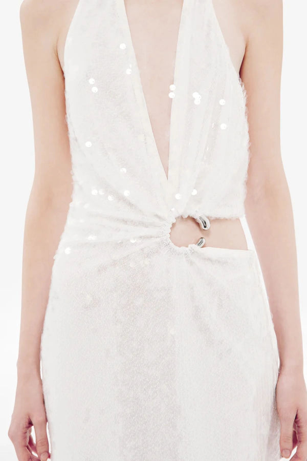 Devon Sequin Dress by Misha, a plunging asymmetric gown with cut-out waist and gold ring detail in fluid cupro for sleek evening elegance.