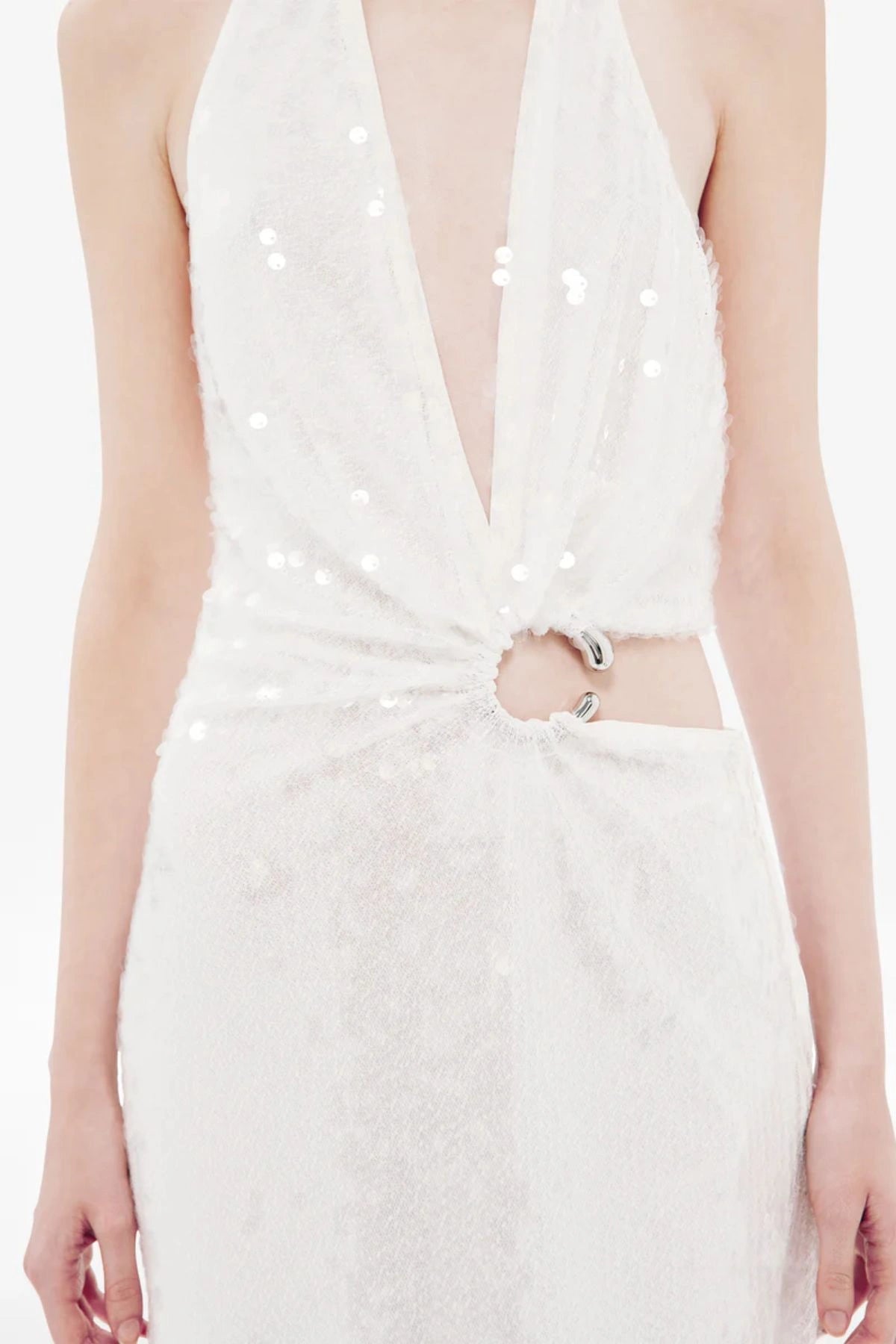 Devon Sequin Dress by Misha, a plunging asymmetric gown with cut-out waist and gold ring detail in fluid cupro for sleek evening elegance.