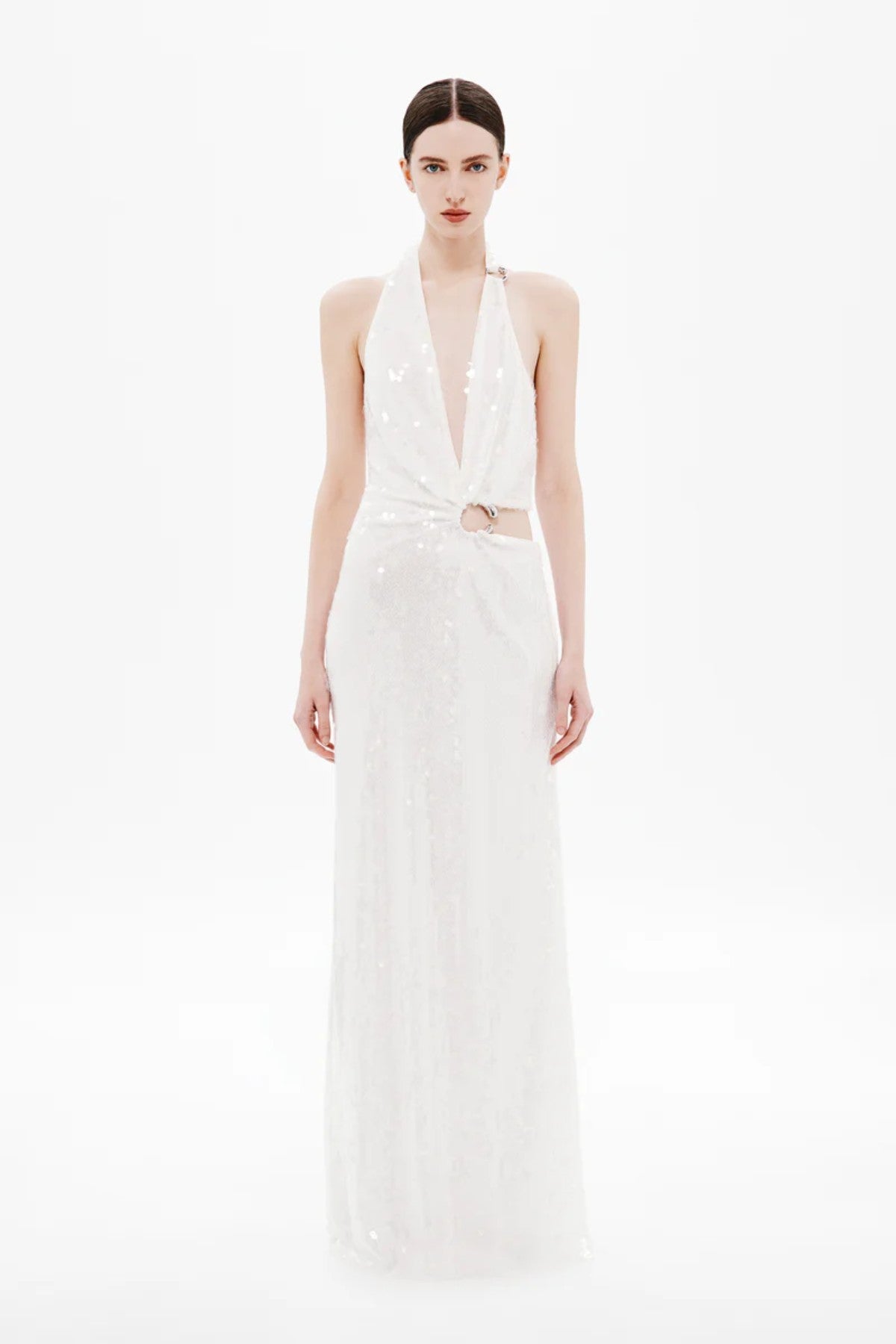 Devon Sequin Dress by Misha, a plunging asymmetric gown with cut-out waist and gold ring detail in fluid cupro for sleek evening elegance.