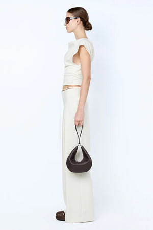 Devyn Cowl Top by Bec + Bridge — cream suiting top with boat neckline, fitted waist, and soft gathers for elevated styling.