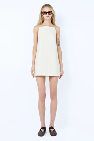 Devyn Mini Dress by Bec + Bridge — cream suiting mini with A-line silhouette, side keyhole cutout and clear bead detailing.