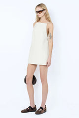 Devyn Mini Dress by Bec + Bridge — cream suiting mini with A-line silhouette, side keyhole cutout and clear bead detailing.