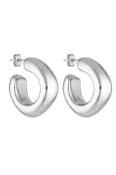 Dina Hoops White Gold by Porter Jewellery – glossy statement hoop earrings with sterling silver base, water-resistant and hypoallergenic.
