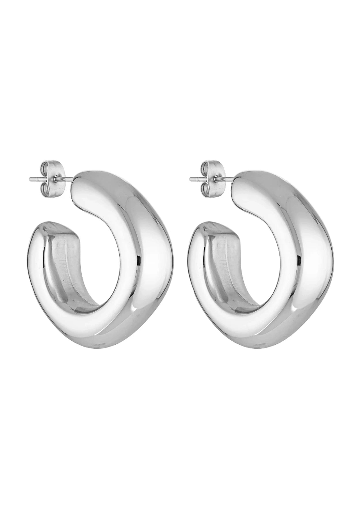 Dina Hoops White Gold by Porter Jewellery – glossy statement hoop earrings with sterling silver base, water-resistant and hypoallergenic.
