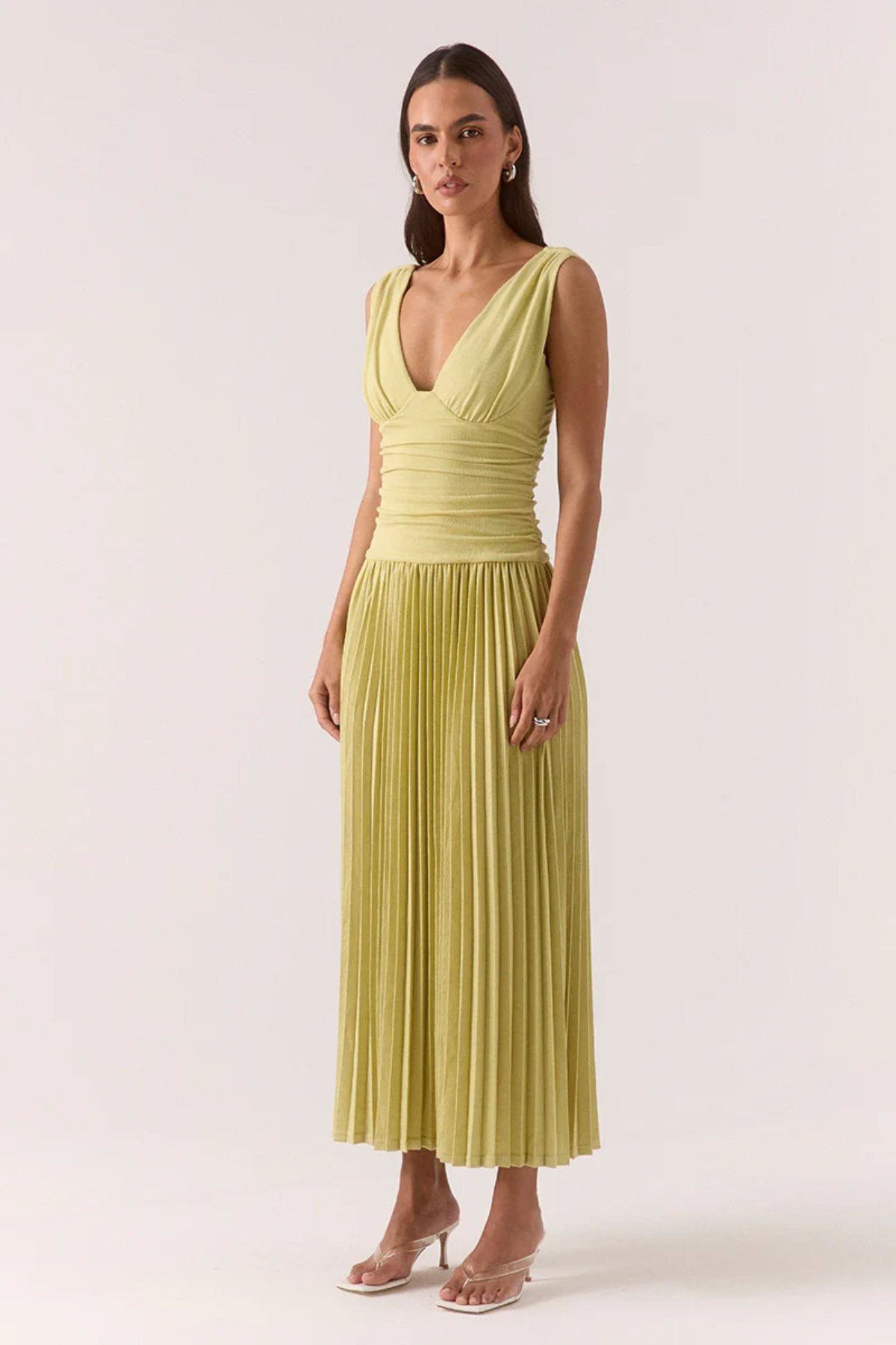 Dione Dress Apple by Sovere, sculptural stretch-rayon midi with layered bralette, gathered bust, and pleated skirt for structured yet effortless elegance.