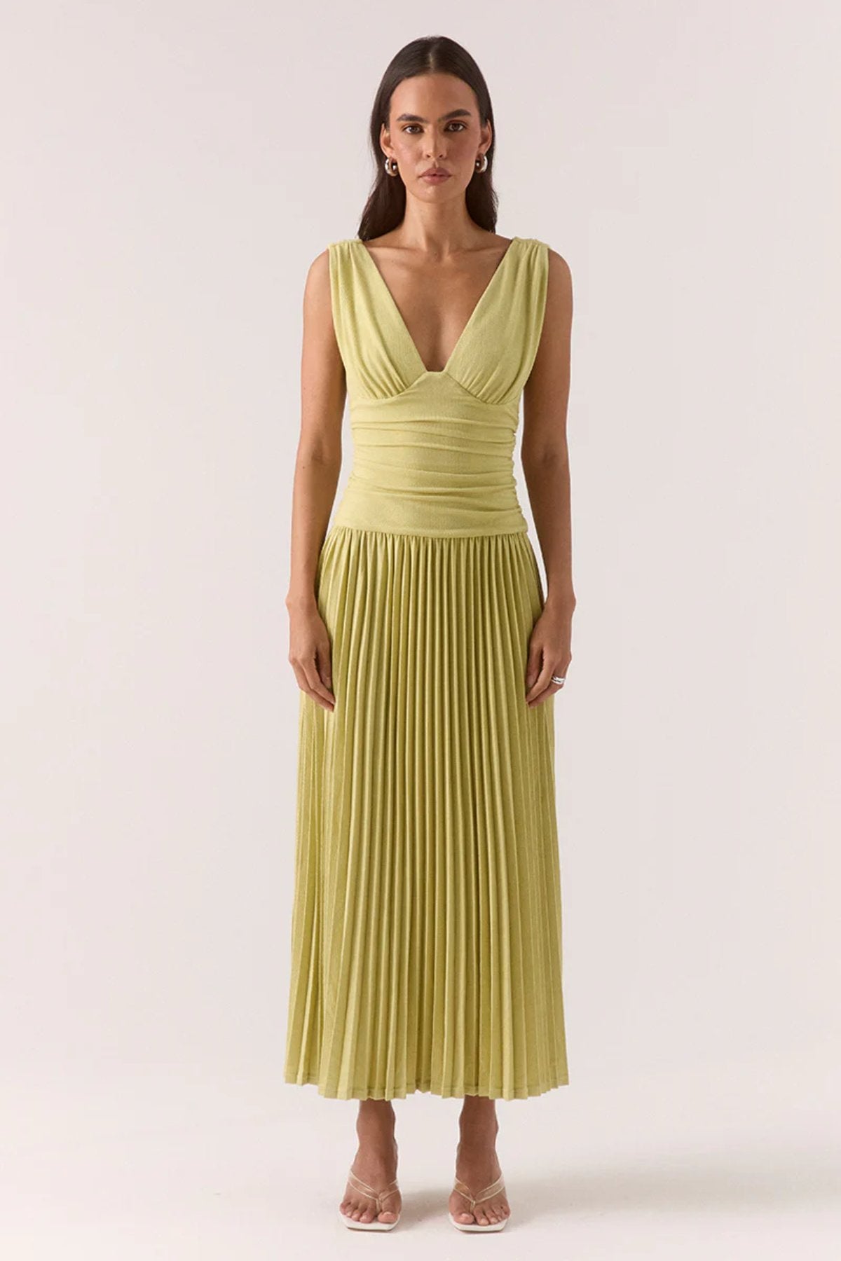 Dione Dress Apple by Sovere, sculptural stretch-rayon midi with layered bralette, gathered bust, and pleated skirt for structured yet effortless elegance.