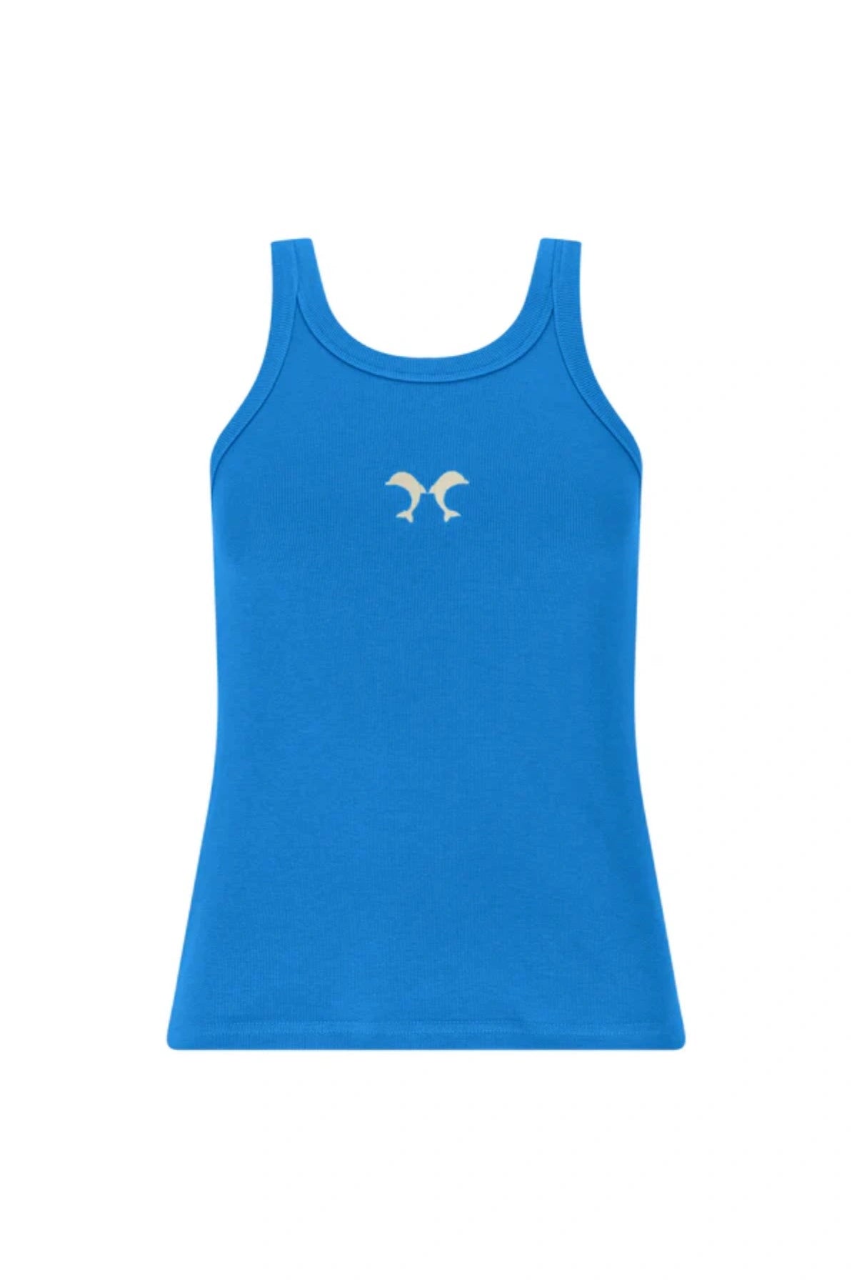 Dolphine Tank by Araminta James — a French Blue ribbed racer tank with dolphin embroidery, perfect for warm-weather casual styling.