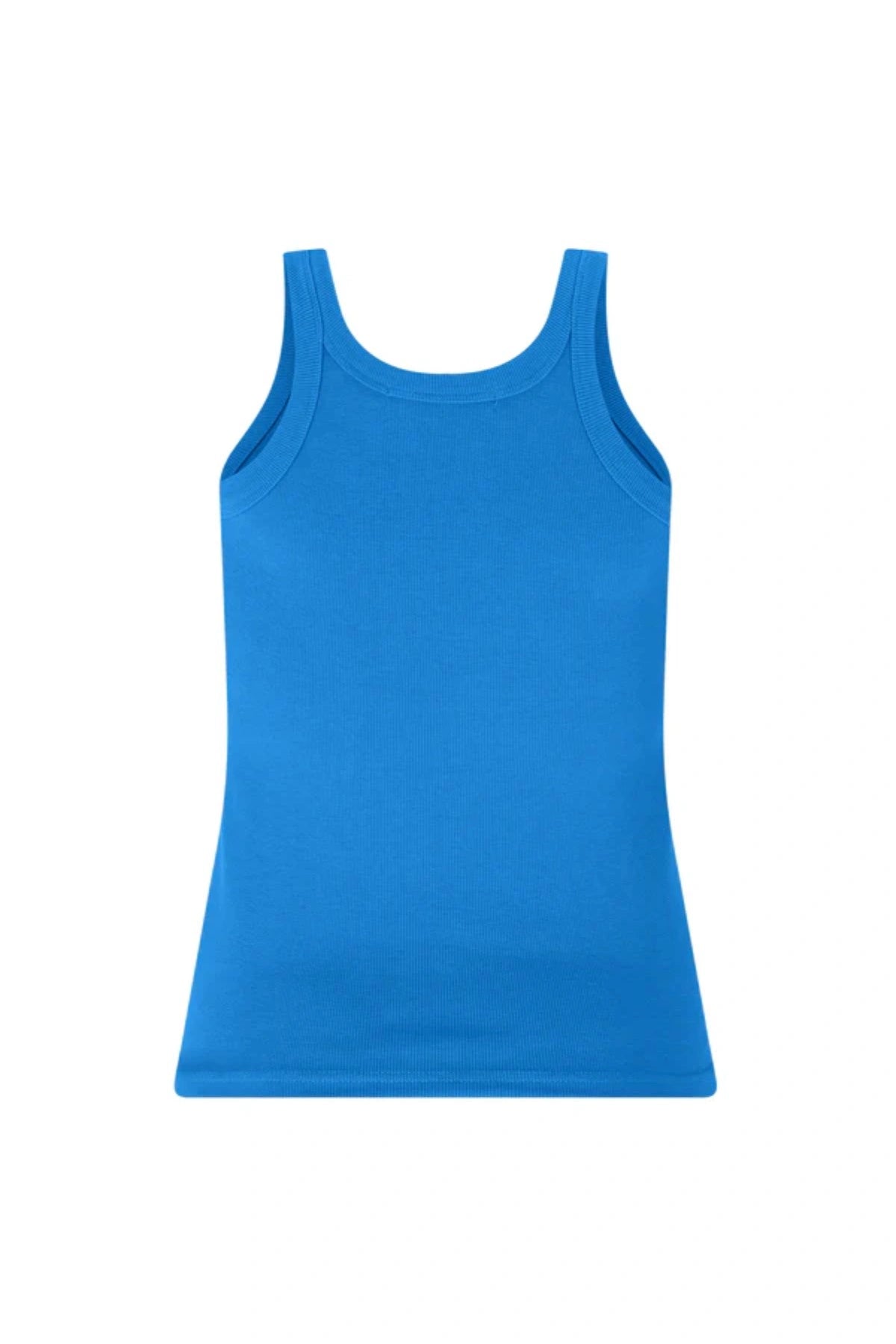 Dolphine Tank by Araminta James — a French Blue ribbed racer tank with dolphin embroidery, perfect for warm-weather casual styling.
