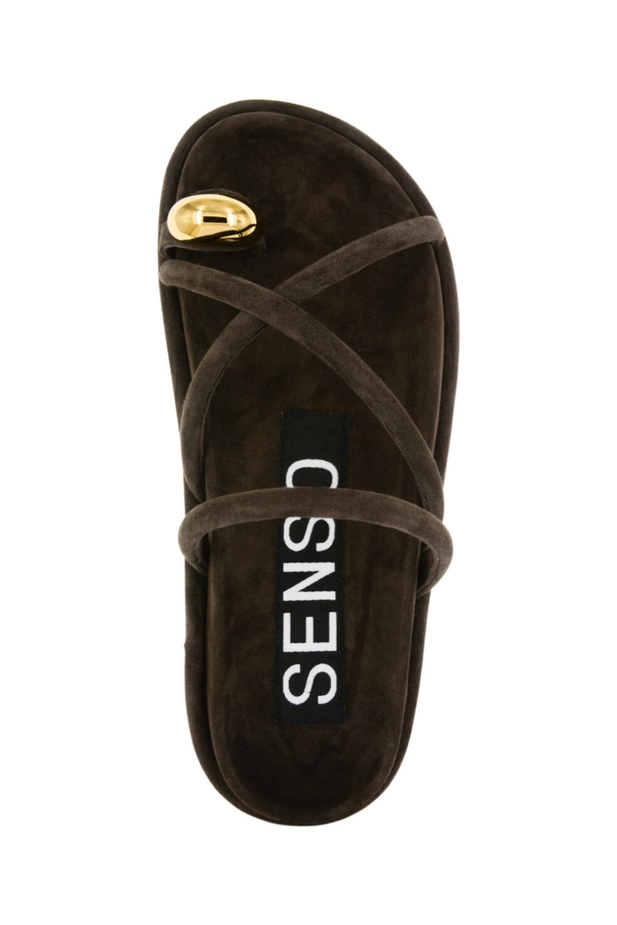 Domenica Sandals by Senso – cocoa suede sandals with a gold toe ring and crossover straps, perfect for chic warm-weather styling.