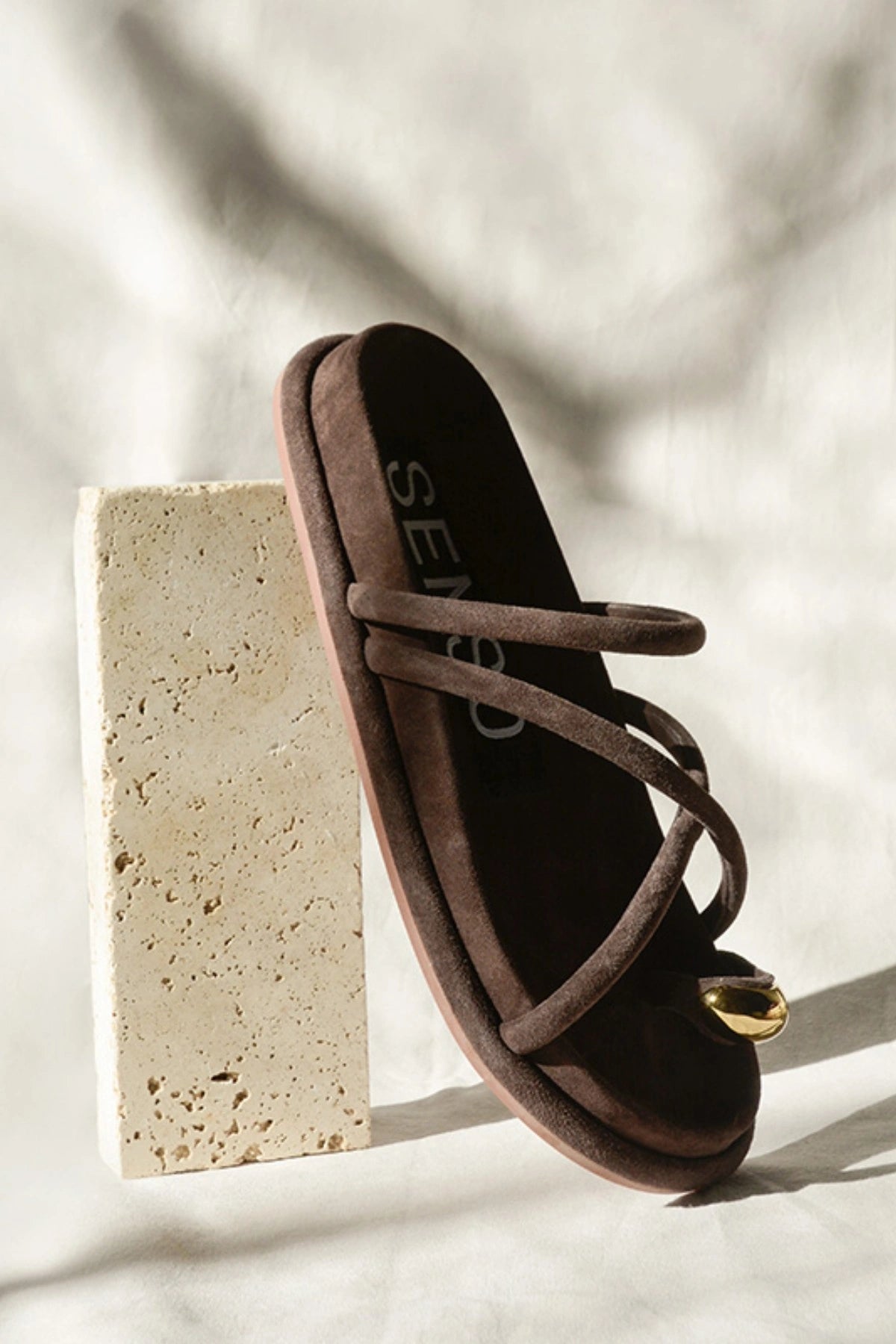 Domenica Sandals by Senso – cocoa suede sandals with a gold toe ring and crossover straps, perfect for chic warm-weather styling.