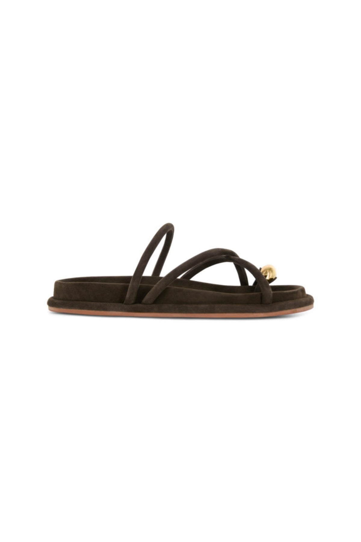 Domenica Sandals by Senso – cocoa suede sandals with a gold toe ring and crossover straps, perfect for chic warm-weather styling.