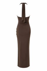 Donatella Maxi Dress Moca by Sneaky Link, ruched open back maxi dress perfect for elegant evening events.