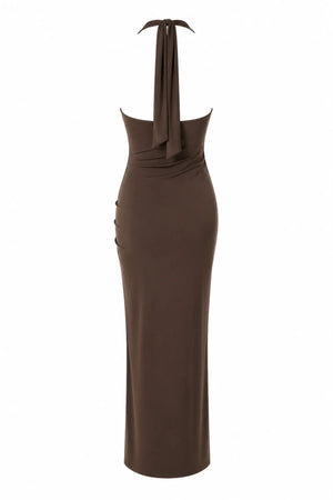Donatella Maxi Dress Moca by Sneaky Link, ruched open back maxi dress perfect for elegant evening events.