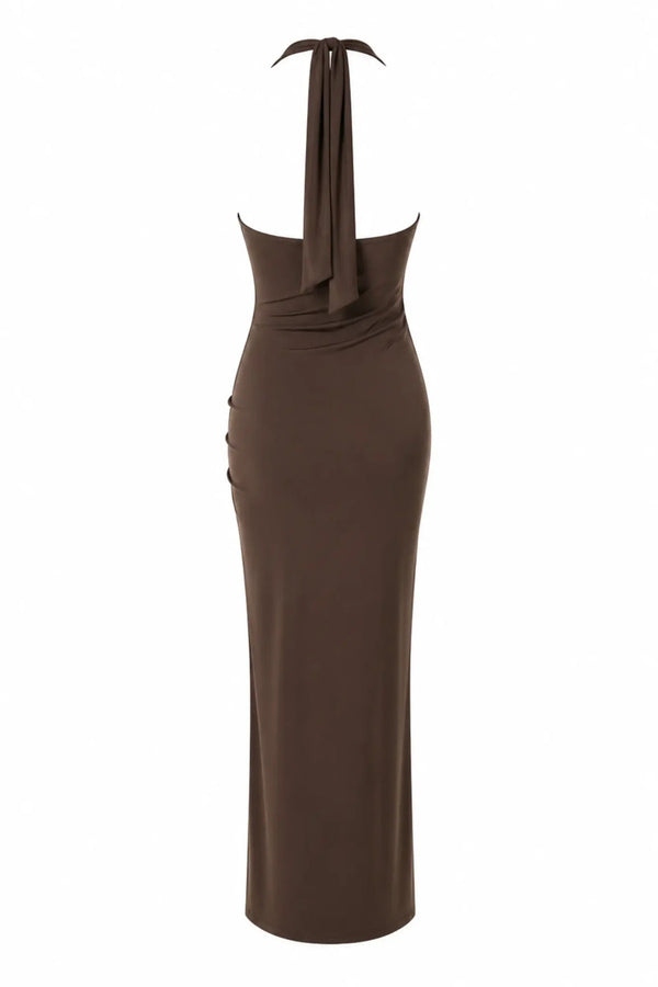 Donatella Maxi Dress Moca by Sneaky Link, ruched open back maxi dress perfect for elegant evening events.