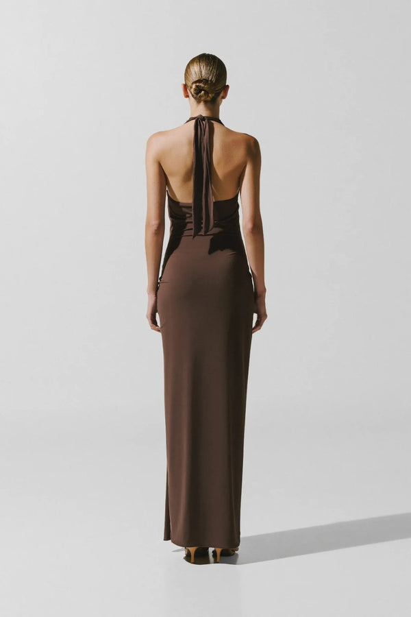 Donatella Maxi Dress Moca by Sneaky Link, ruched open back maxi dress perfect for elegant evening events.