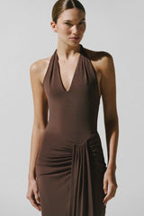 Donatella Maxi Dress Moca by Sneaky Link, ruched open back maxi dress perfect for elegant evening events.