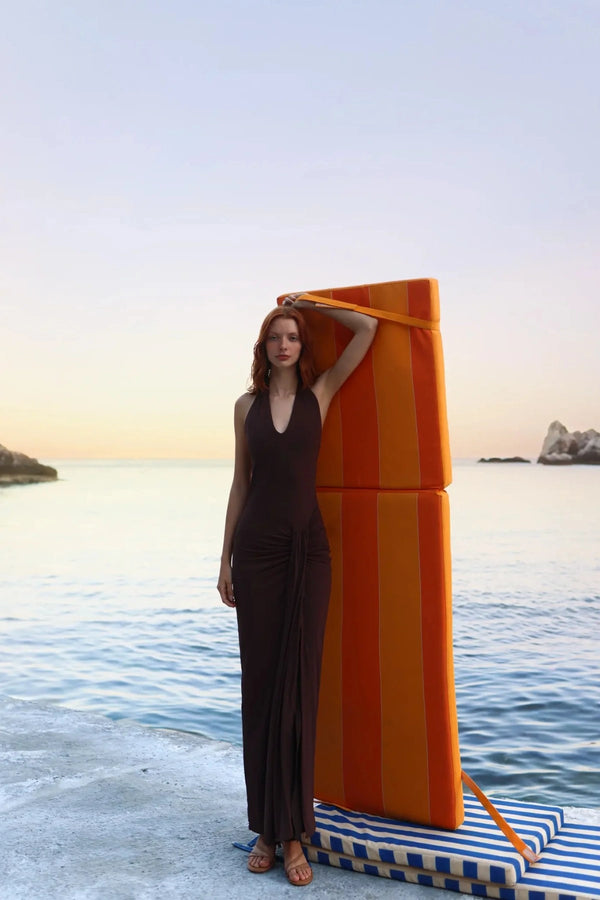 Donatella Maxi Dress Moca by Sneaky Link, ruched open back maxi dress perfect for elegant evening events.