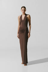 Donatella Maxi Dress Moca by Sneaky Link, ruched open back maxi dress perfect for elegant evening events.