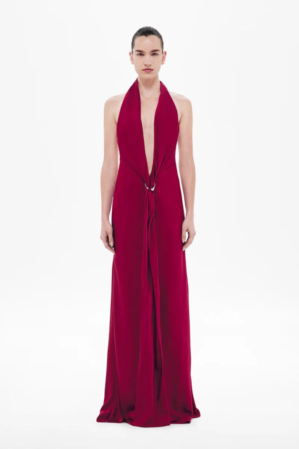 Donna Satin Dress in Jester Red by Misha, a plunging open-back gown with metallic ring detail and fluid draping for sultry sophistication.