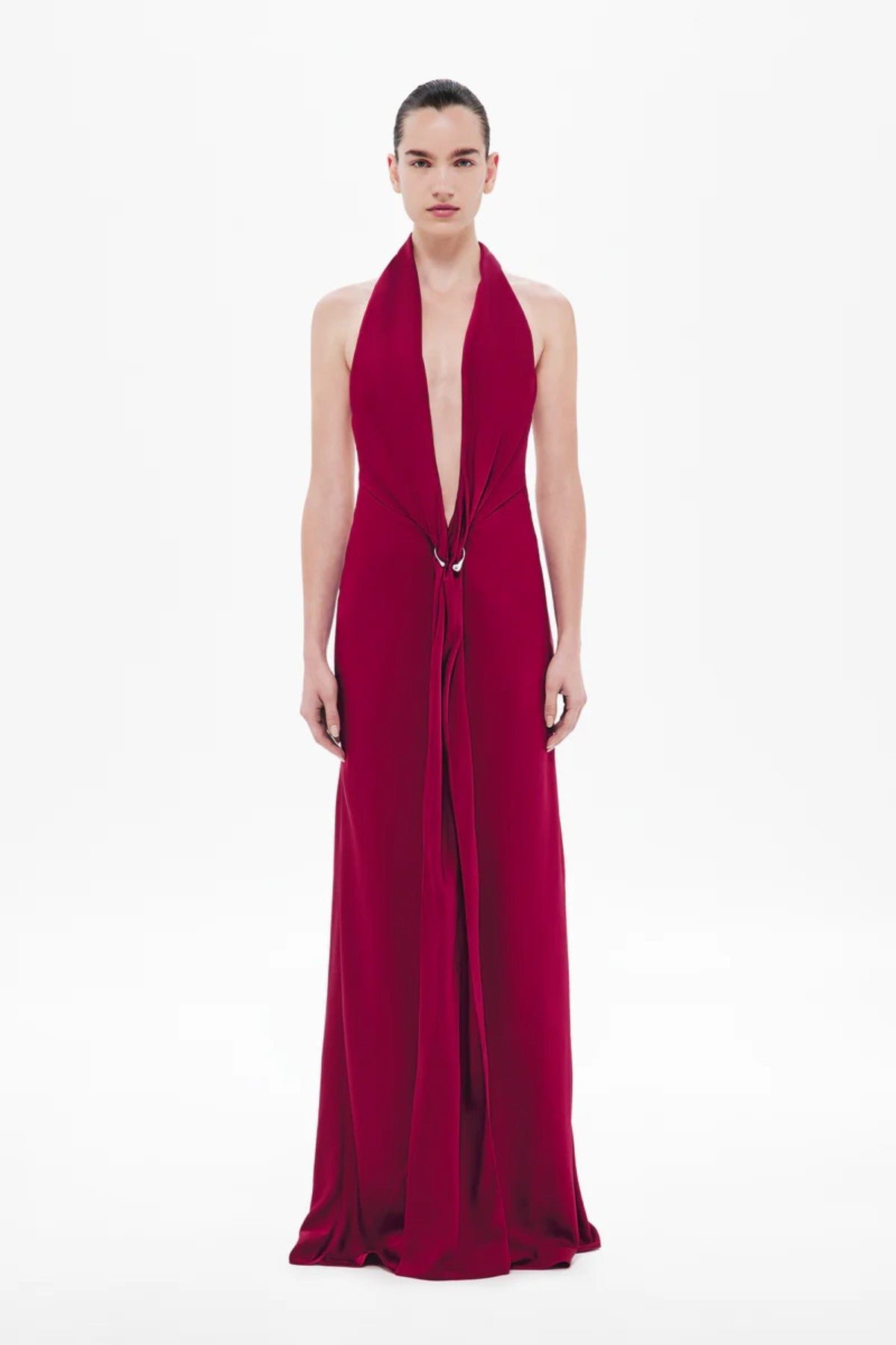 Donna Satin Dress in Jester Red by Misha, a plunging open-back gown with metallic ring detail and fluid draping for sultry sophistication.