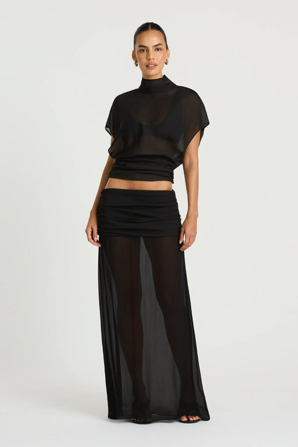 Dorothea Top in Black by Benni, a draped chiffon top with a high neckline, gathered waist detail, and optional matching bralette.