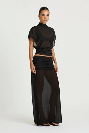 Dorothea Top in Black by Benni, a draped chiffon top with a high neckline, gathered waist detail, and optional matching bralette.