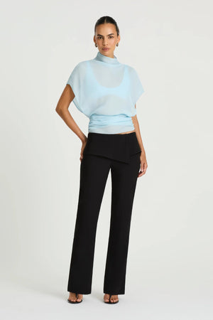 Dorothea Top in Sea Foam by Benni, a lightweight chiffon top with a draped high neckline, fitted waist, and optional bralette.