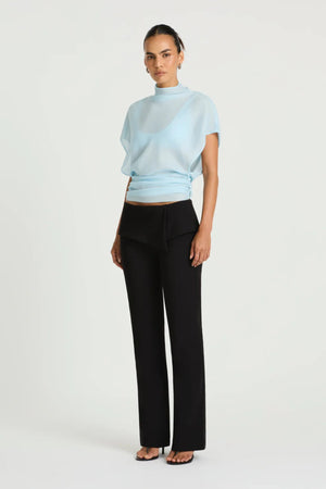 Dorothea Top in Sea Foam by Benni, a lightweight chiffon top with a draped high neckline, fitted waist, and optional bralette.