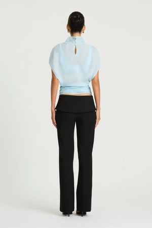 Dorothea Top in Sea Foam by Benni, a lightweight chiffon top with a draped high neckline, fitted waist, and optional bralette.