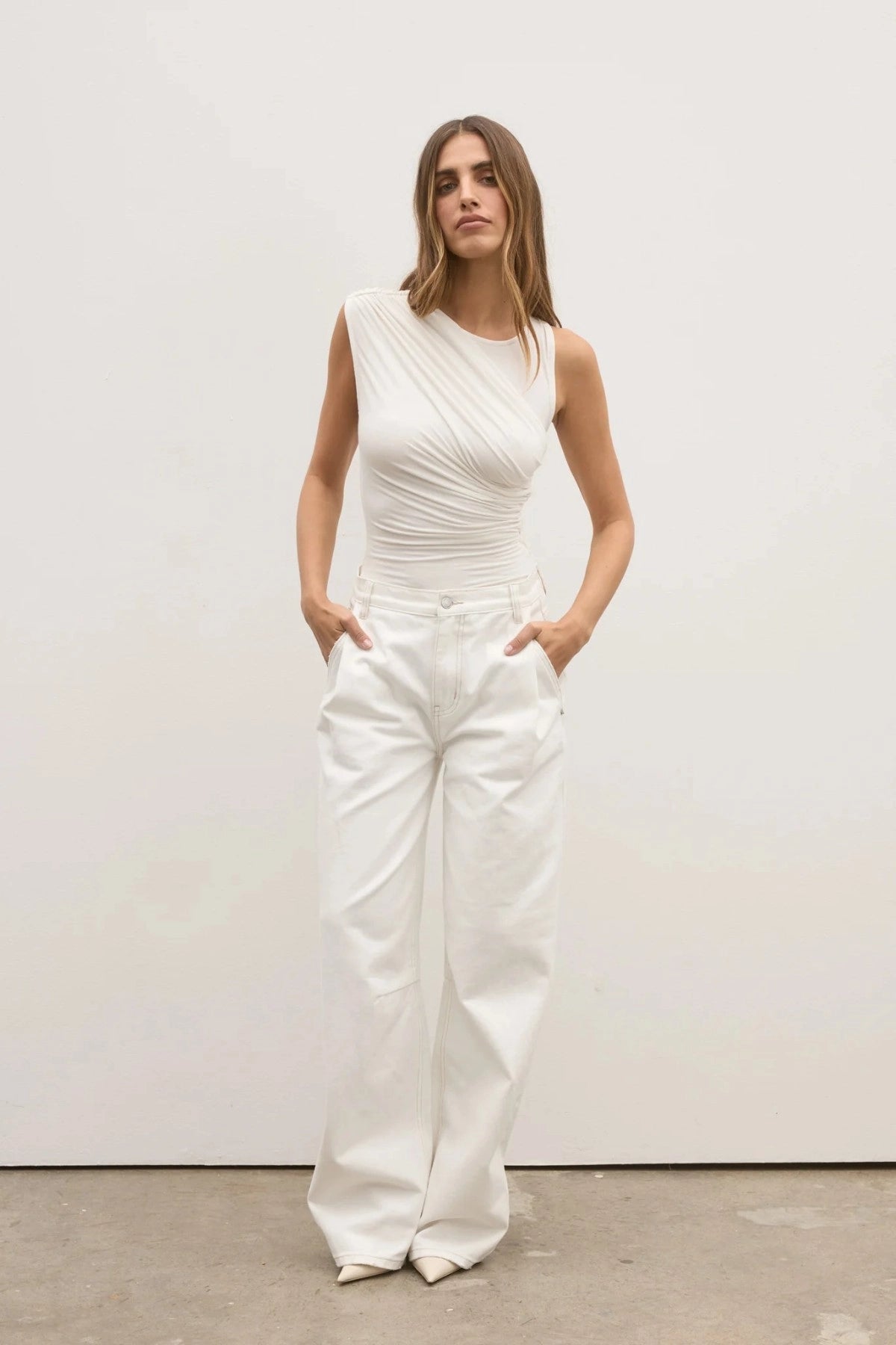 Dove Top in Ivory by Bayse, elegant one-shoulder stretch jersey top with soft asymmetric draping and gathered details for a feminine fit.