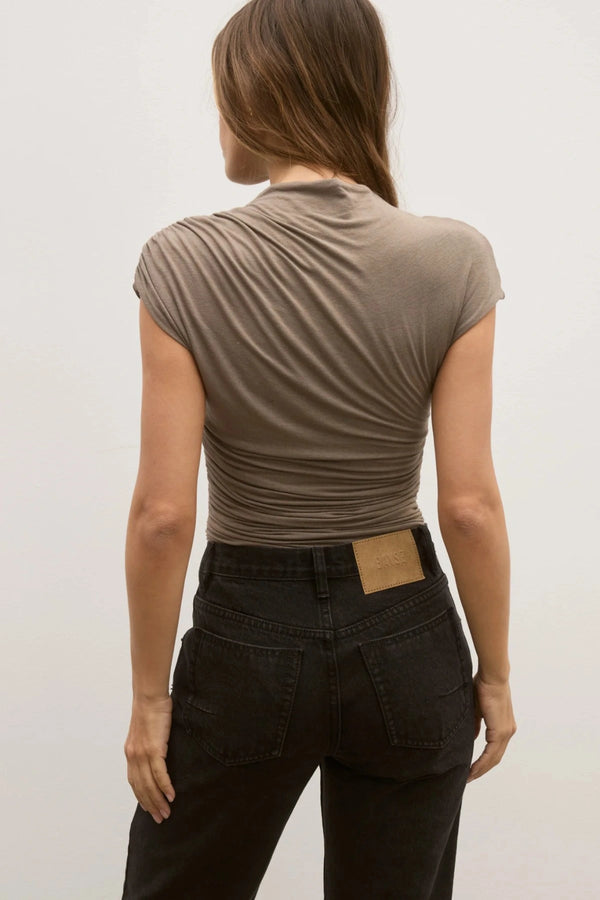 Dove Top in Mink by Bayse, elegant one-shoulder stretch top with sculpted draping for versatile, modern styling.