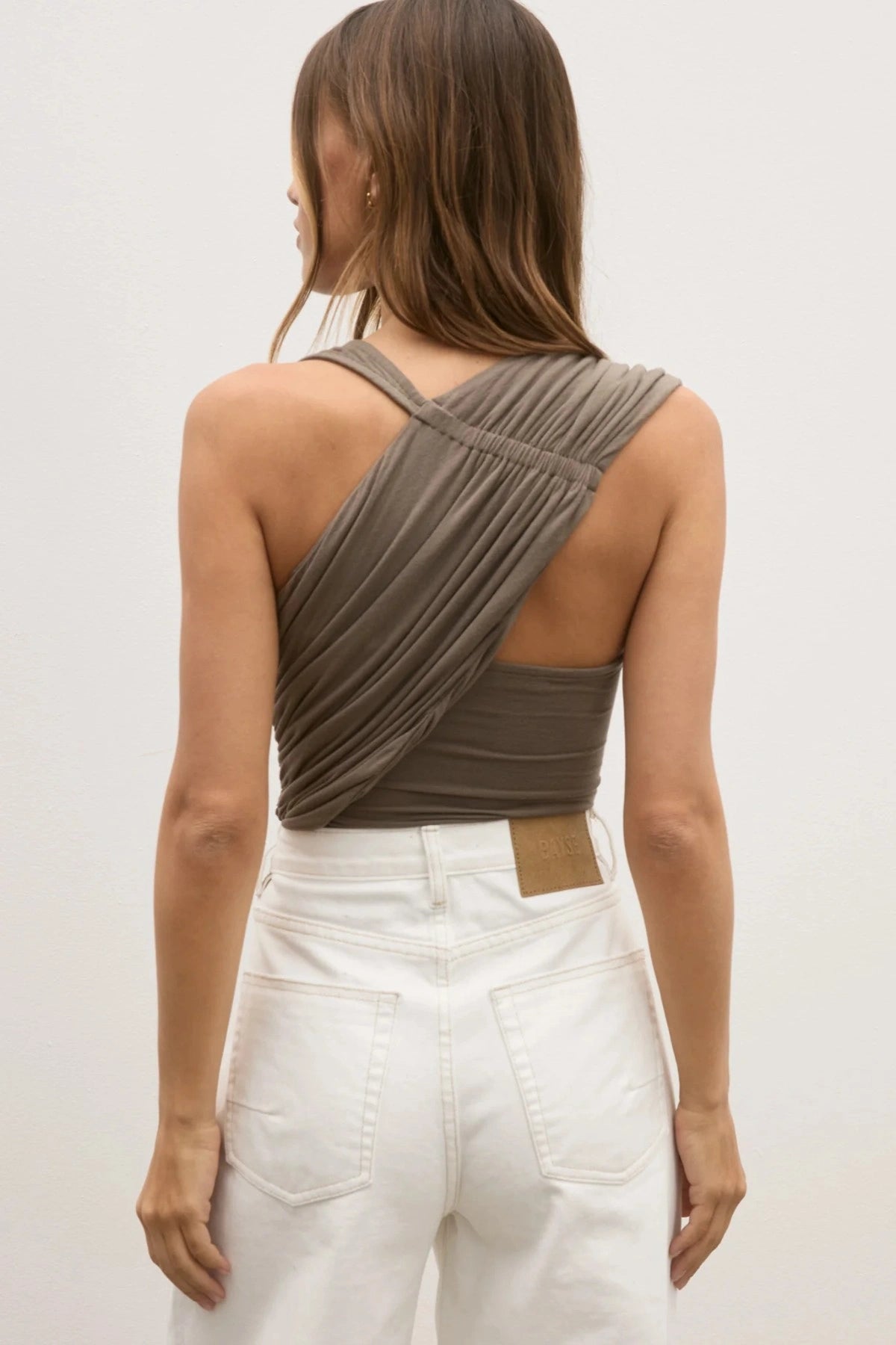 Dove Top in Mink by Bayse, sculptural one-shoulder jersey top with asymmetric draping and gathered detailing for an elegant feminine fit.