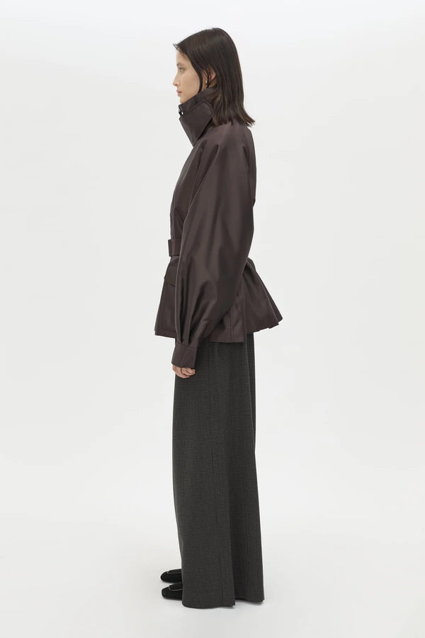 Drea Puffer Jacket in Espresso by Camilla and Marc, a cream funnel-neck puffer with waist belt, raglan sleeves and detachable throat latch.