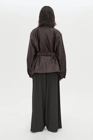 Drea Puffer Jacket in Espresso by Camilla and Marc, a cream funnel-neck puffer with waist belt, raglan sleeves and detachable throat latch.