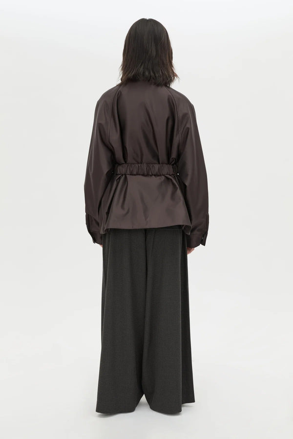 Drea Puffer Jacket in Espresso by Camilla and Marc, a cream funnel-neck puffer with waist belt, raglan sleeves and detachable throat latch.