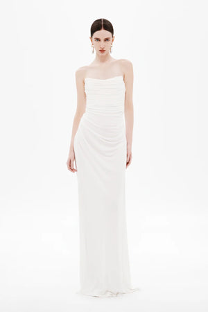 Dry Jersey Draped Dress by Misha, a strapless midi in soft dry jersey with corset bodice and sculpted draping for timeless, bridal-inspired elegance.