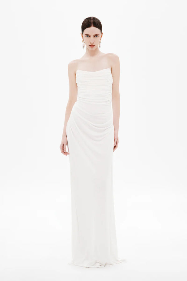 Dry Jersey Draped Dress by Misha, a strapless midi in soft dry jersey with corset bodice and sculpted draping for timeless, bridal-inspired elegance.