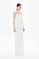 Dry Jersey Draped Dress by Misha, a strapless midi in soft dry jersey with corset bodice and sculpted draping for timeless, bridal-inspired elegance.
