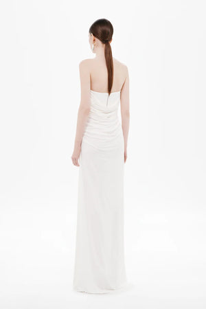 Dry Jersey Draped Dress by Misha, a strapless midi in soft dry jersey with corset bodice and sculpted draping for timeless, bridal-inspired elegance.