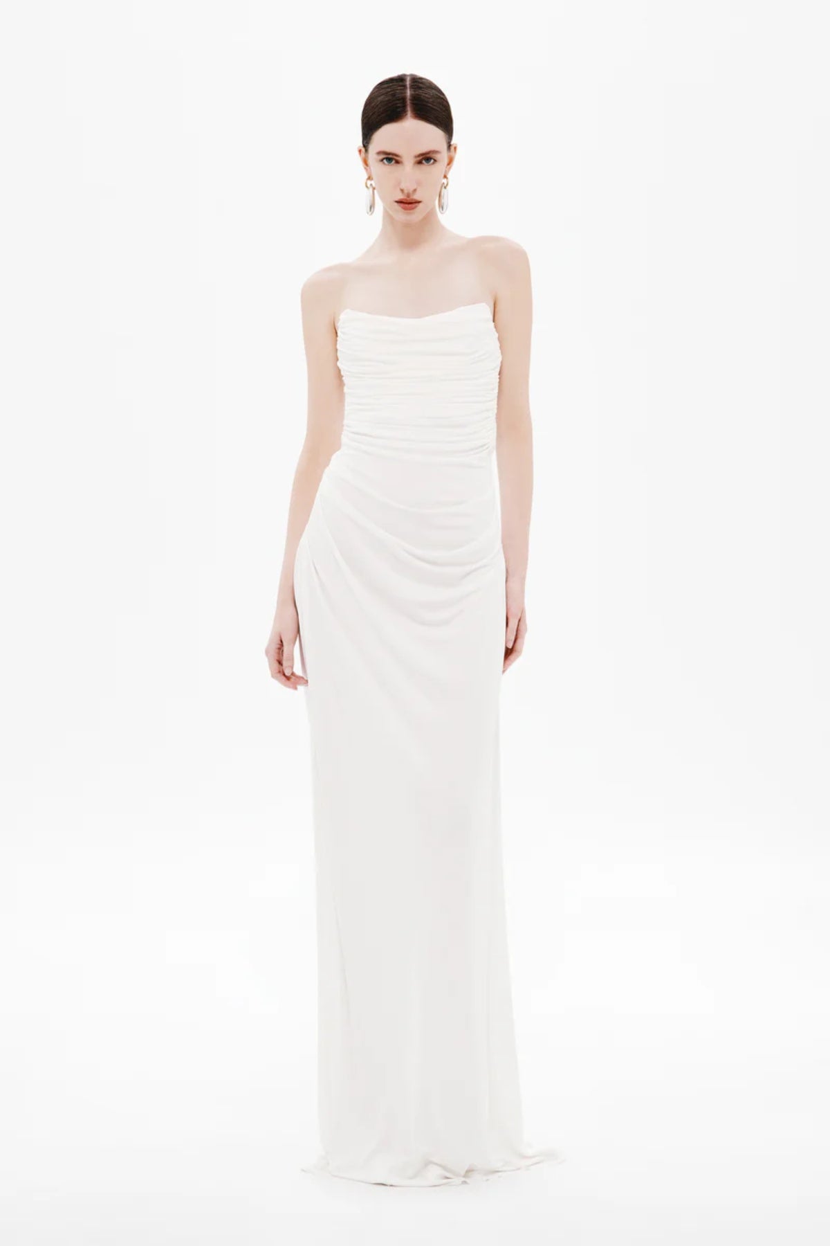 Dry Jersey Draped Dress by Misha, a strapless midi in soft dry jersey with corset bodice and sculpted draping for timeless, bridal-inspired elegance.